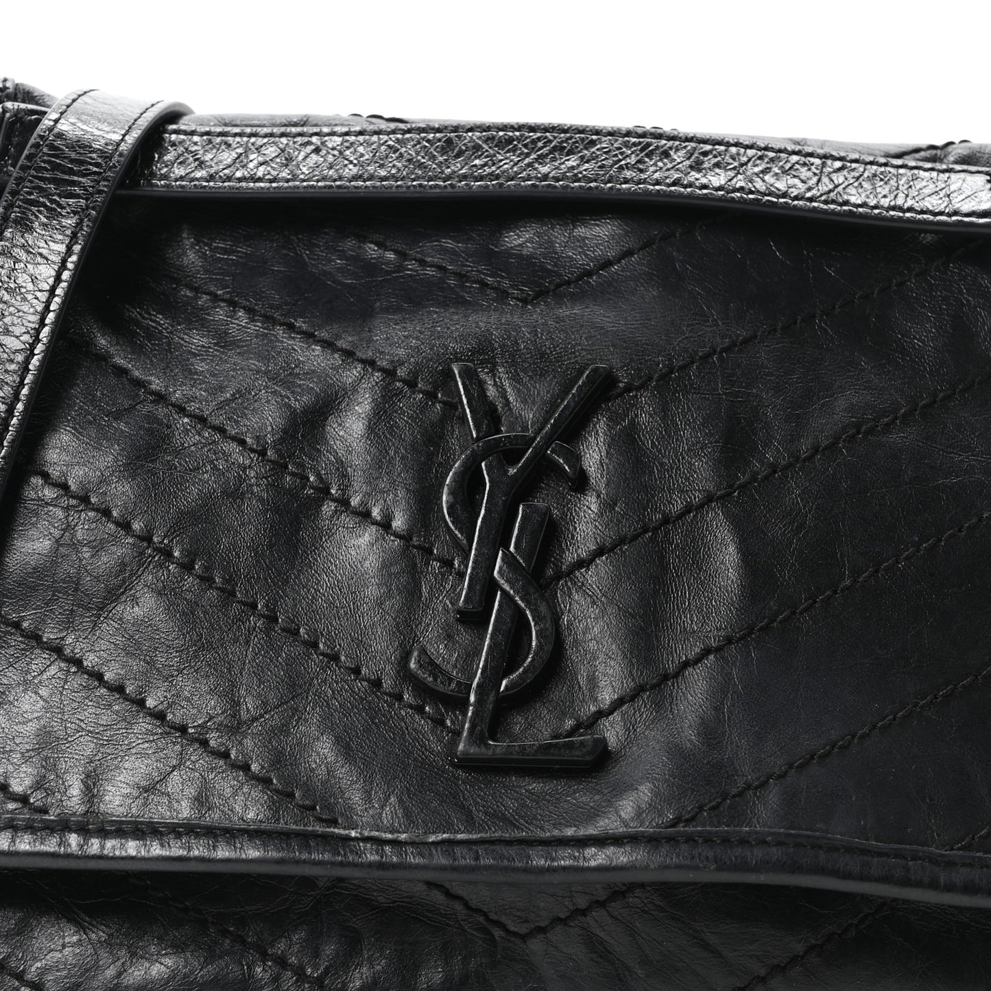 Crinkled Calfskin Matelasse Monogram Medium Niki Chain Satchel Black