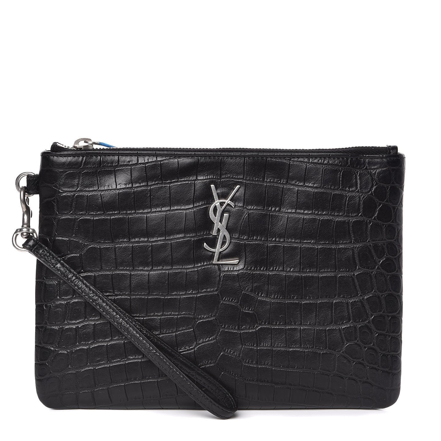 Calfskin Crocodile Embossed Monogram Zip Pouch Black
