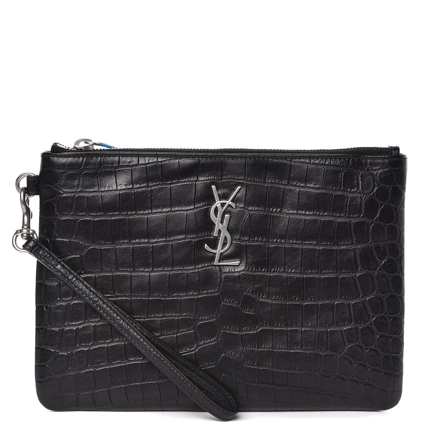 Saint Laurent Calfskin Crocodile Embossed Monogram Zip Pouch Black 1 of 8