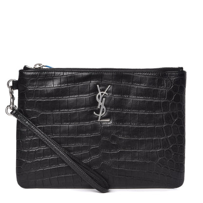 Saint Laurent Calfskin Crocodile Embossed Monogram Zip Pouch Black 1 of 8