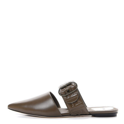 Fendi Vitello FF Embossed Buckle Flat Mules 39.5 Wood 1 of 10