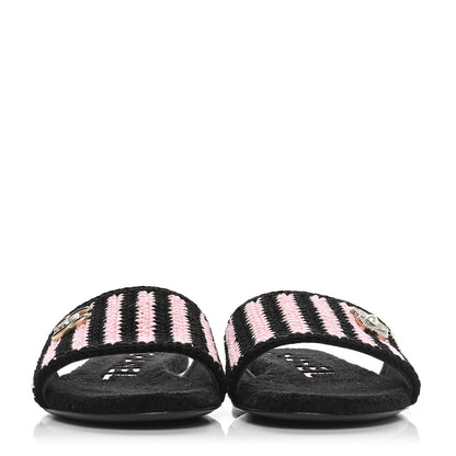 Chanel Crochet Striped Enamel Camellia Mules Sandals 41 Pink Black 2 of 9