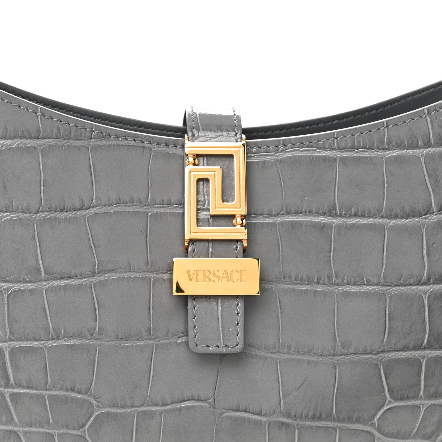 Versace Calfskin Crocodile Embossed Large Greca Goddess Bag Charcoal 7 of 10