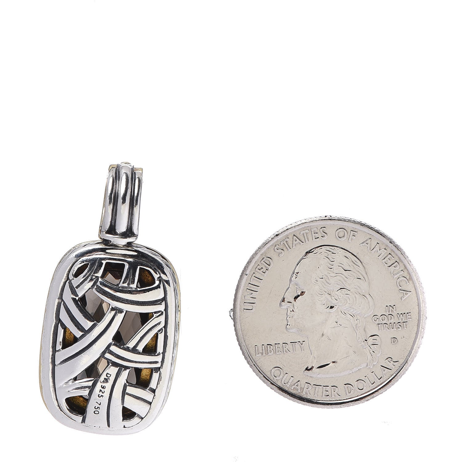 David Yurman Sterling Silver 18K Yellow Gold Diamond Smoky Quartz 18mm Albion Enhancer Pendant 2 of 4