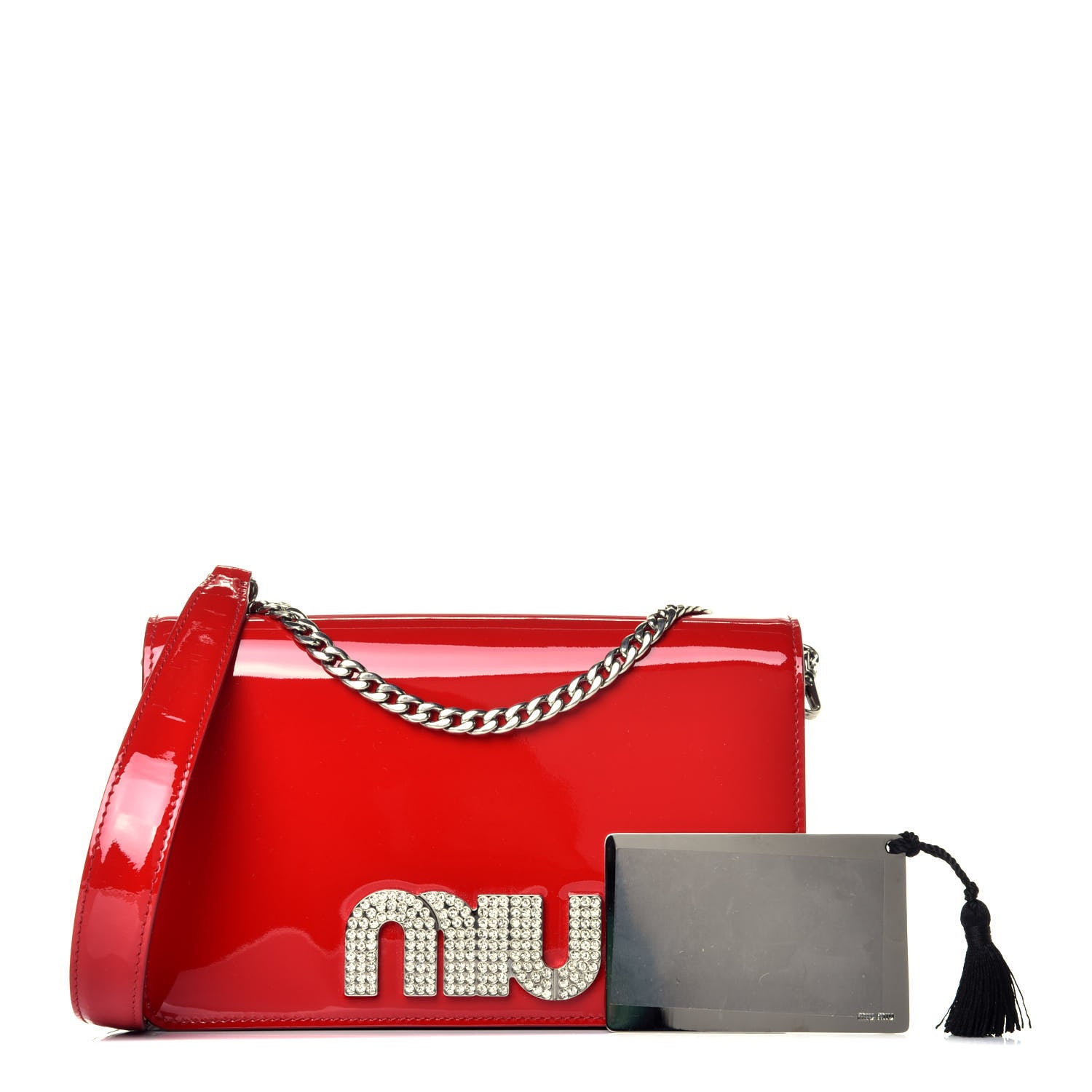 Miu Miu Patent Crystal Logo Mini Crossbody Fuoco 1 of 8