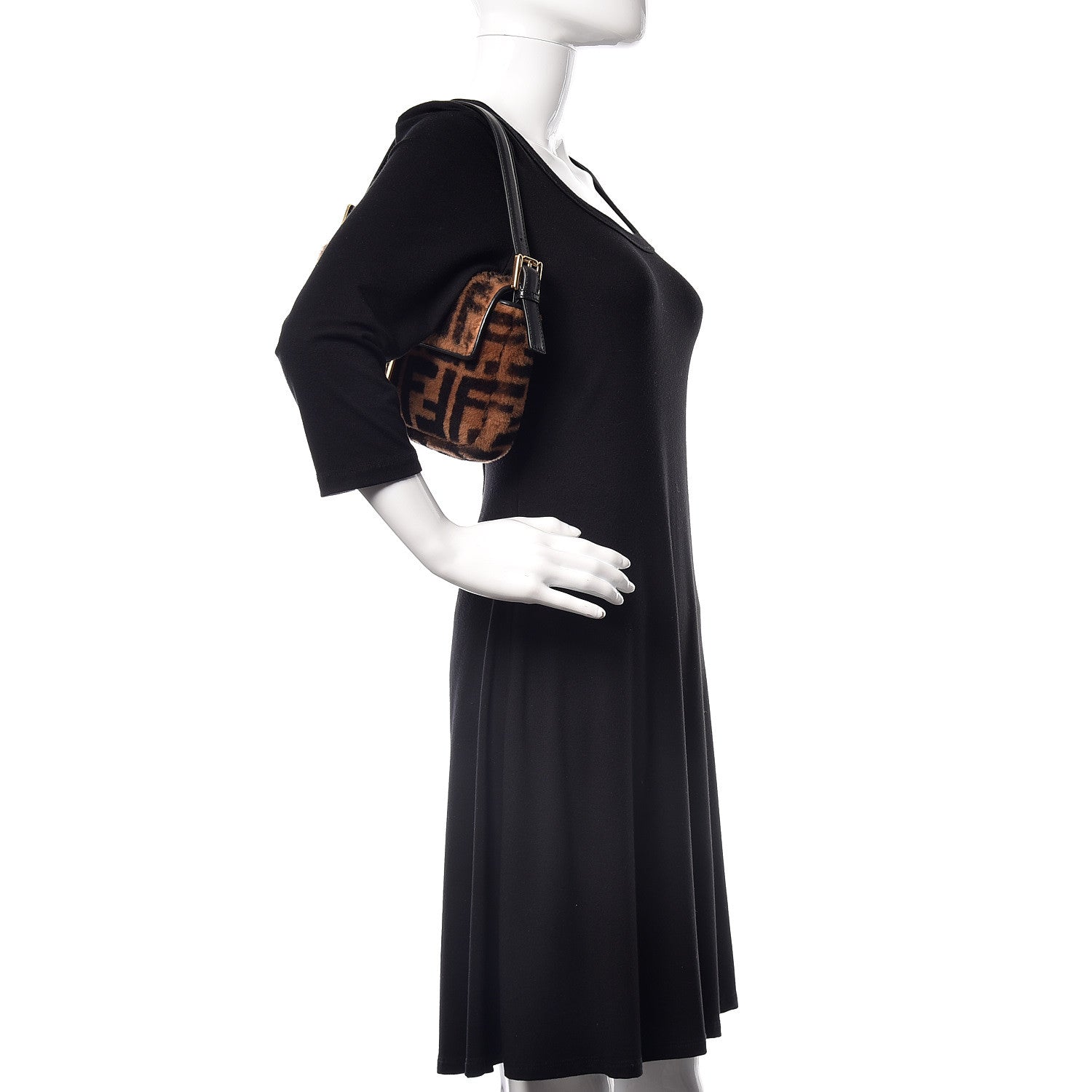 Fendi Shearling Vitello Dolce Macro FF 1974 Baguette Tobacco Black 2 of 10