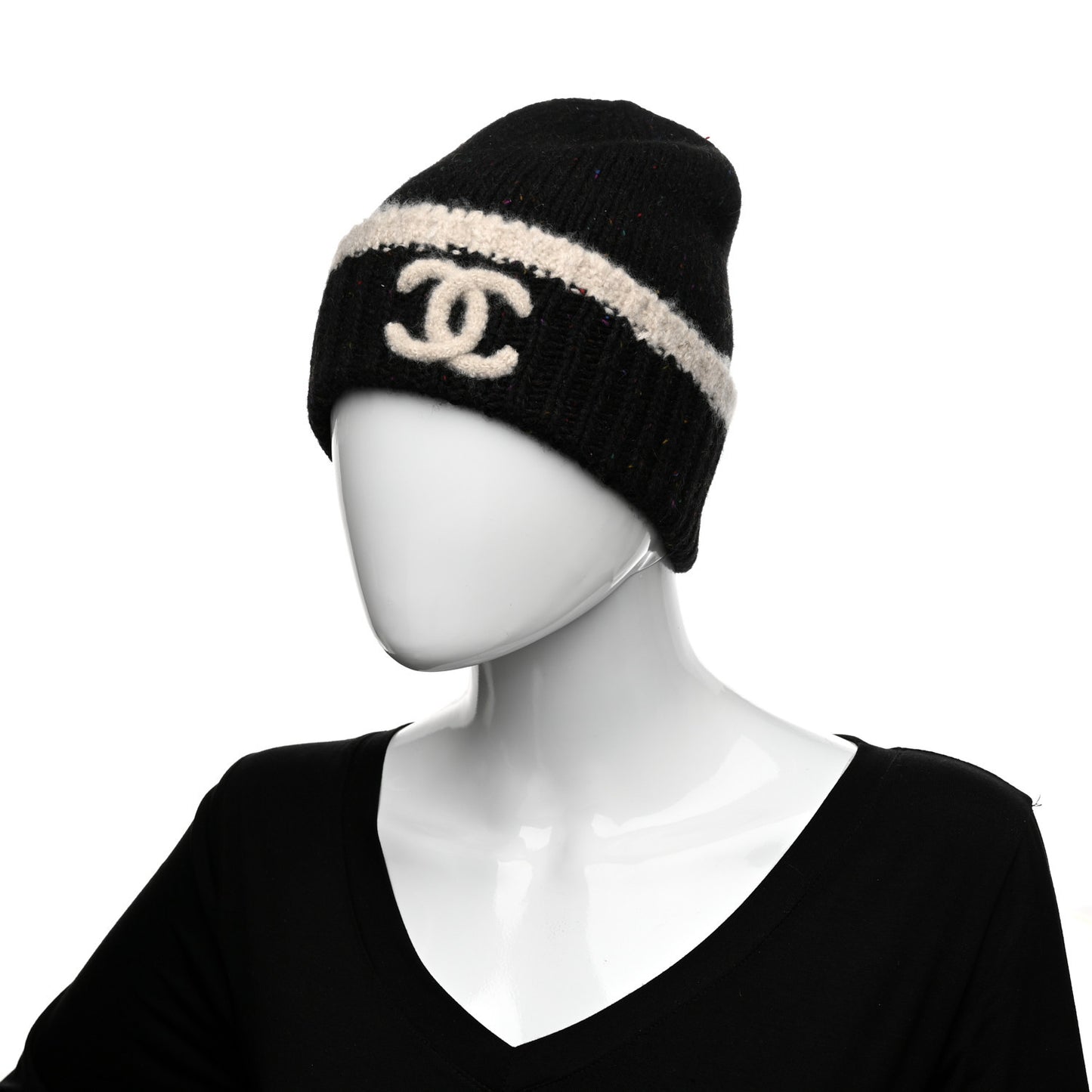 Cashmere Silk CC Beanie Hat Black Ecru