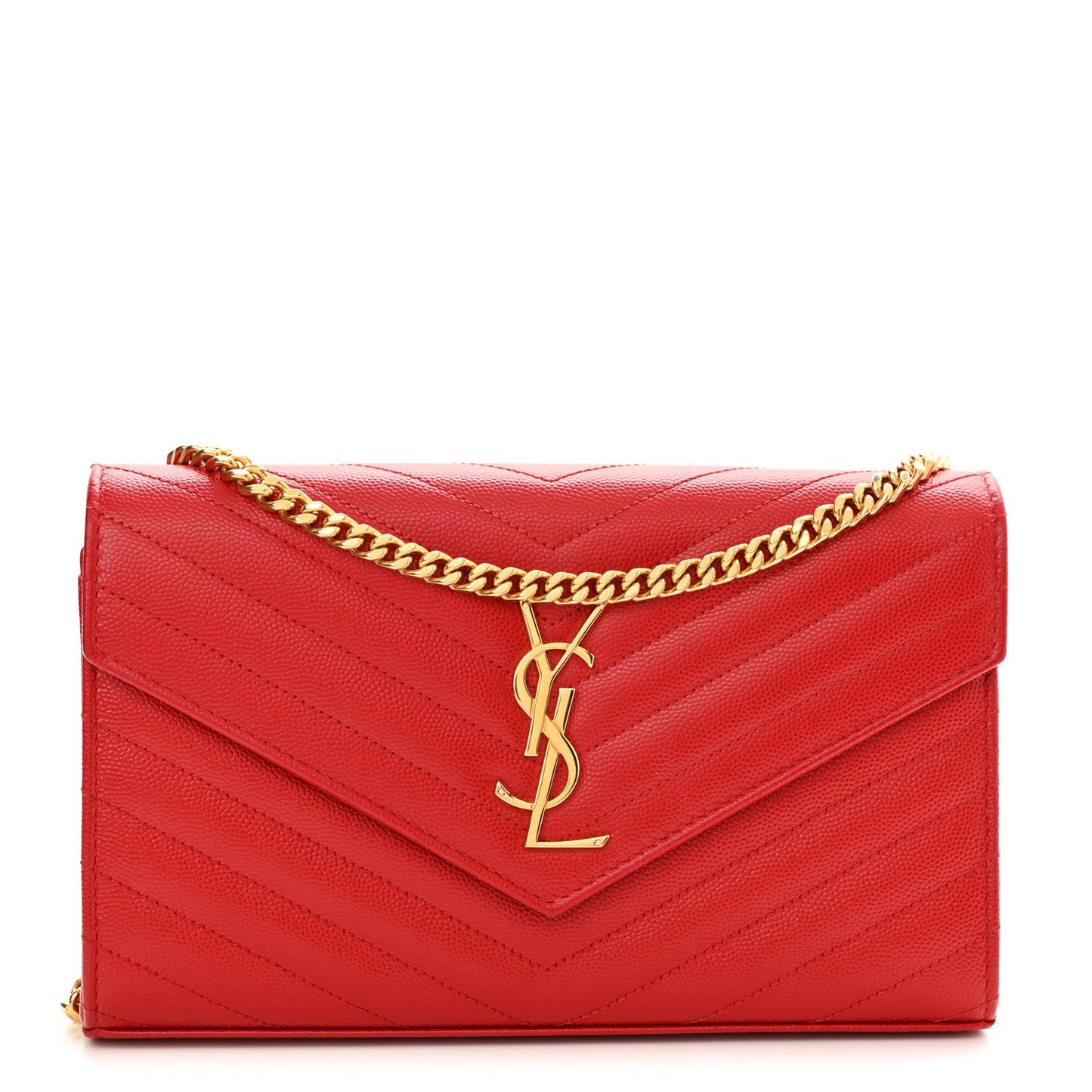 Grain De Poudre Matelasse Chevron Monogram Chain Wallet Red