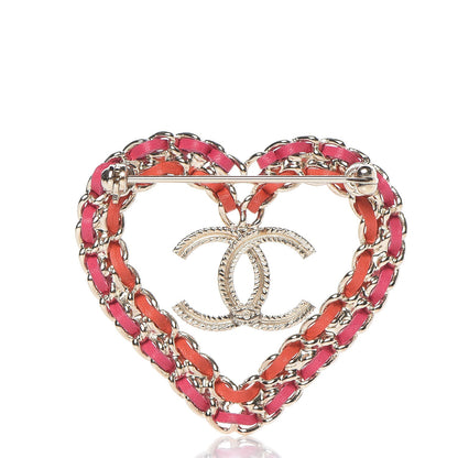 Chanel Metal Calfskin Braided Heart CC Brooch Pink Red Gold 3 of 5