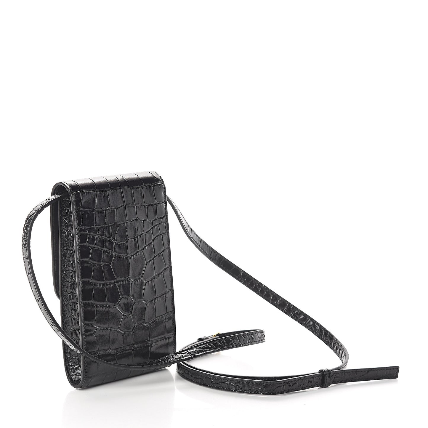 Shiny Calfskin Crocodile Embossed B Phone Holder Black