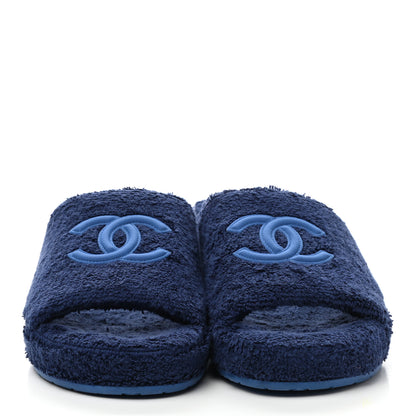 Chanel Terry CC Flat Mules Sandals 38 Dark Navy Blue 2 of 9