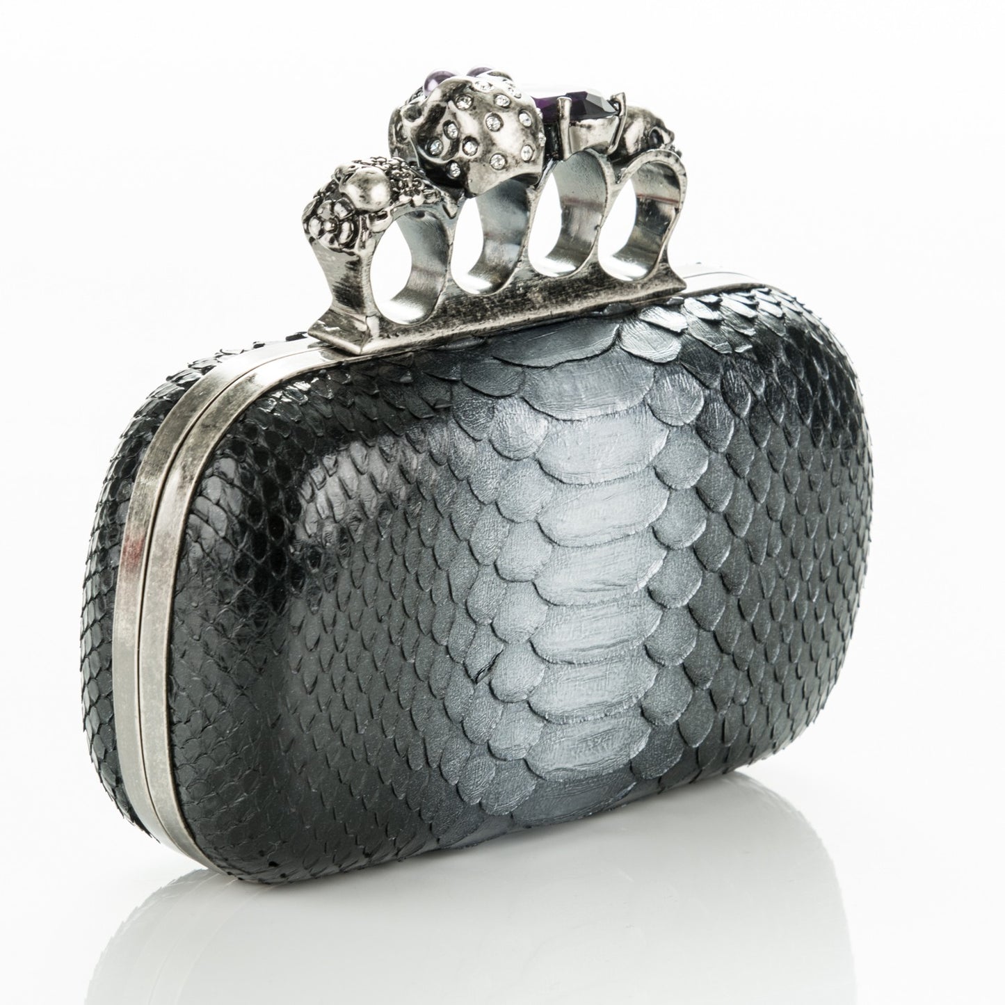 Python Knuckle Box Clutch Black Silver