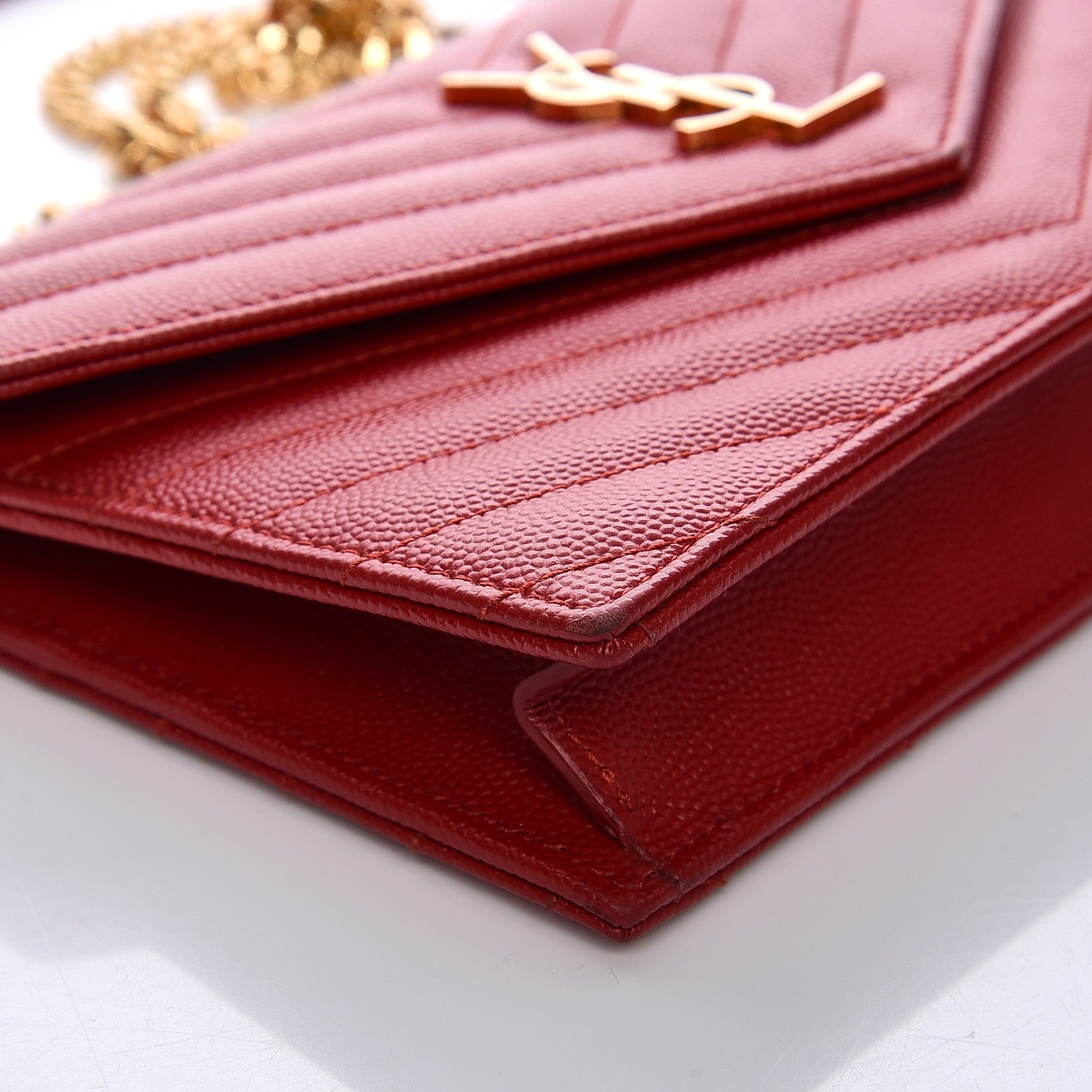 Saint Laurent Grain De Poudre Matelasse Chevron Monogram Envelope Chain Wallet New Red 10 of 13