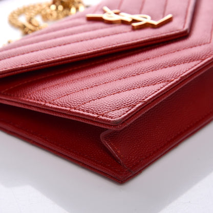 Saint Laurent Grain De Poudre Matelasse Chevron Monogram Envelope Chain Wallet New Red 10 of 13