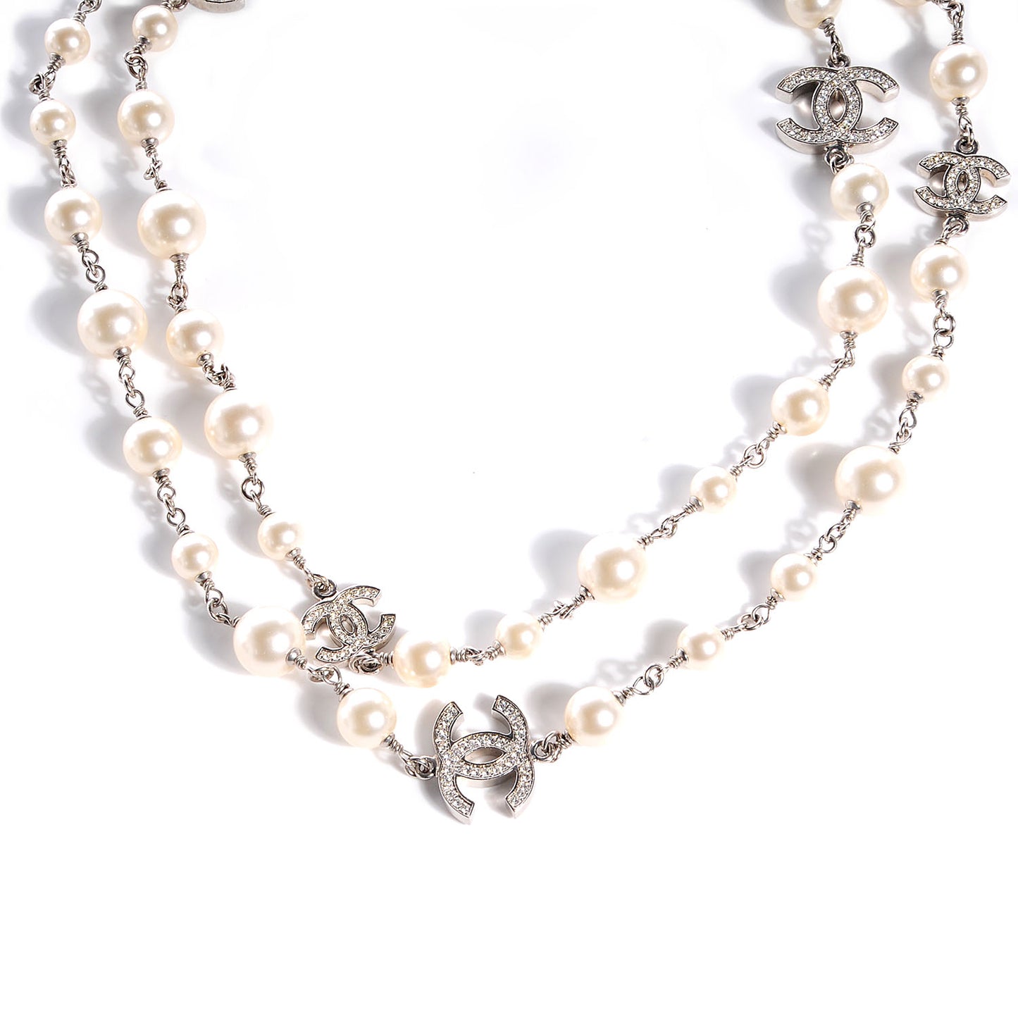 Crystal Pearl CC Long Necklace Silver