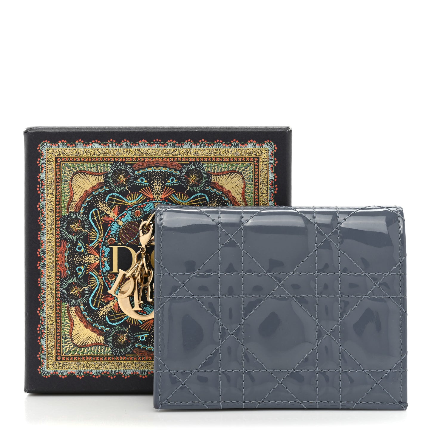 Patent Cannage Mini Lady Dior Wallet Gray Stone