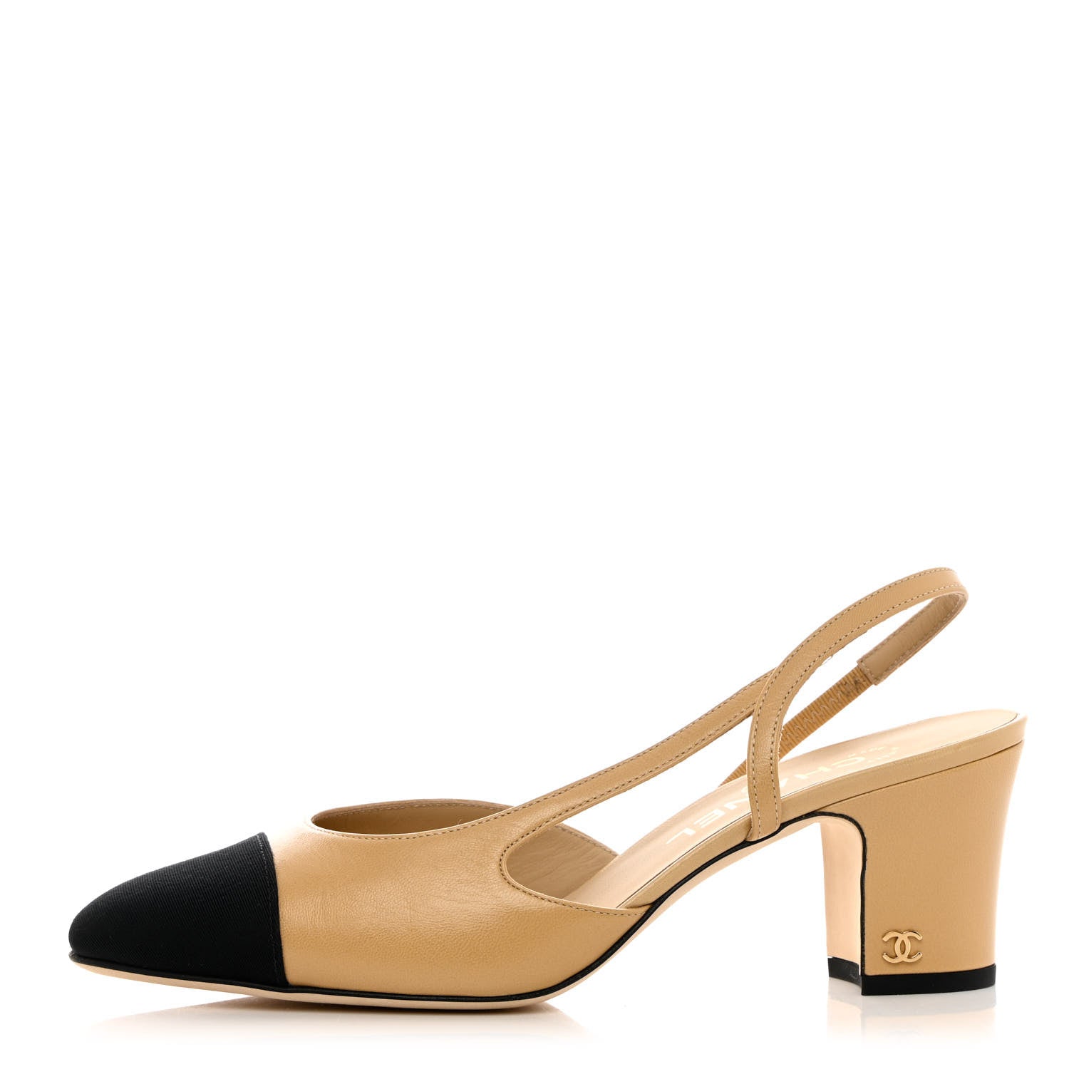 Chanel Goatskin Grosgrain Cap Toe CC Slingback Pumps 38.5 Beige Black 1 of 12