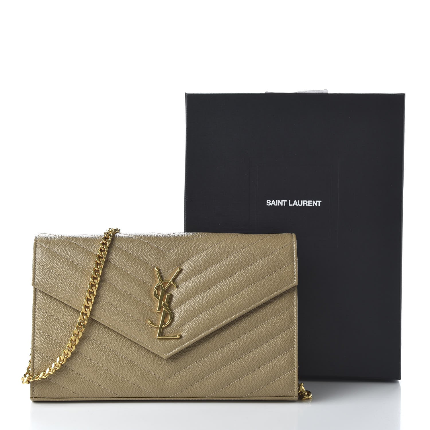 Saint Laurent Grain De Poudre Matelasse Chevron Monogram Chain Wallet Deep Beige 10 of 10