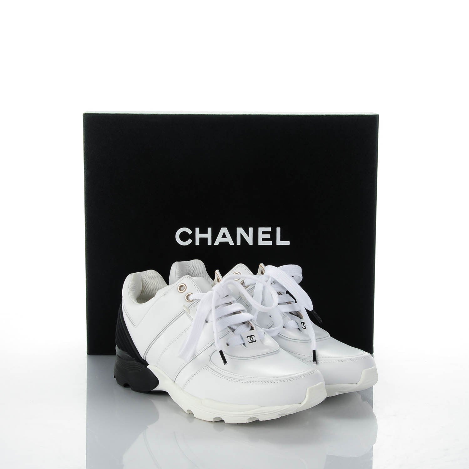 Chanel Calfskin Neoprene CC Sneakers 37.5 White Black 7 of 7