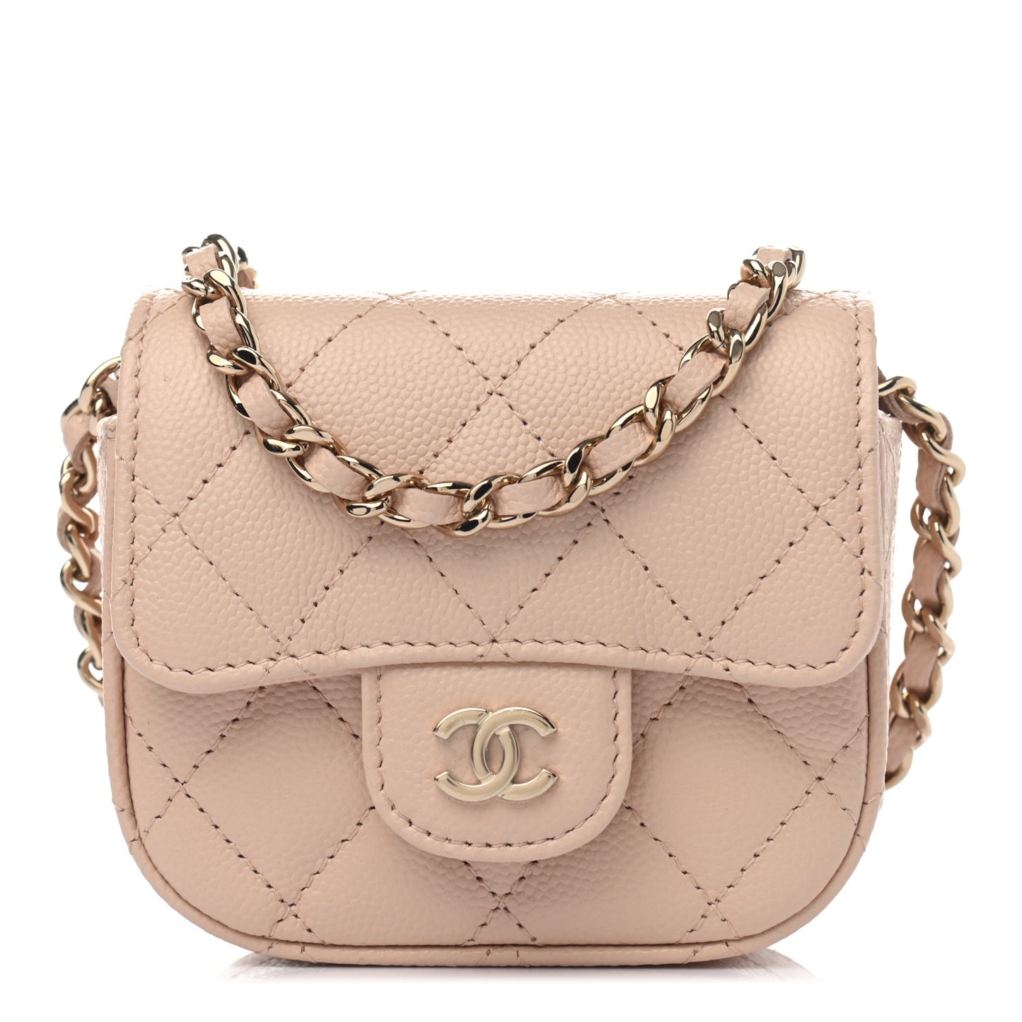 Caviar Quilted Mini Clutch With Chain Light Beige