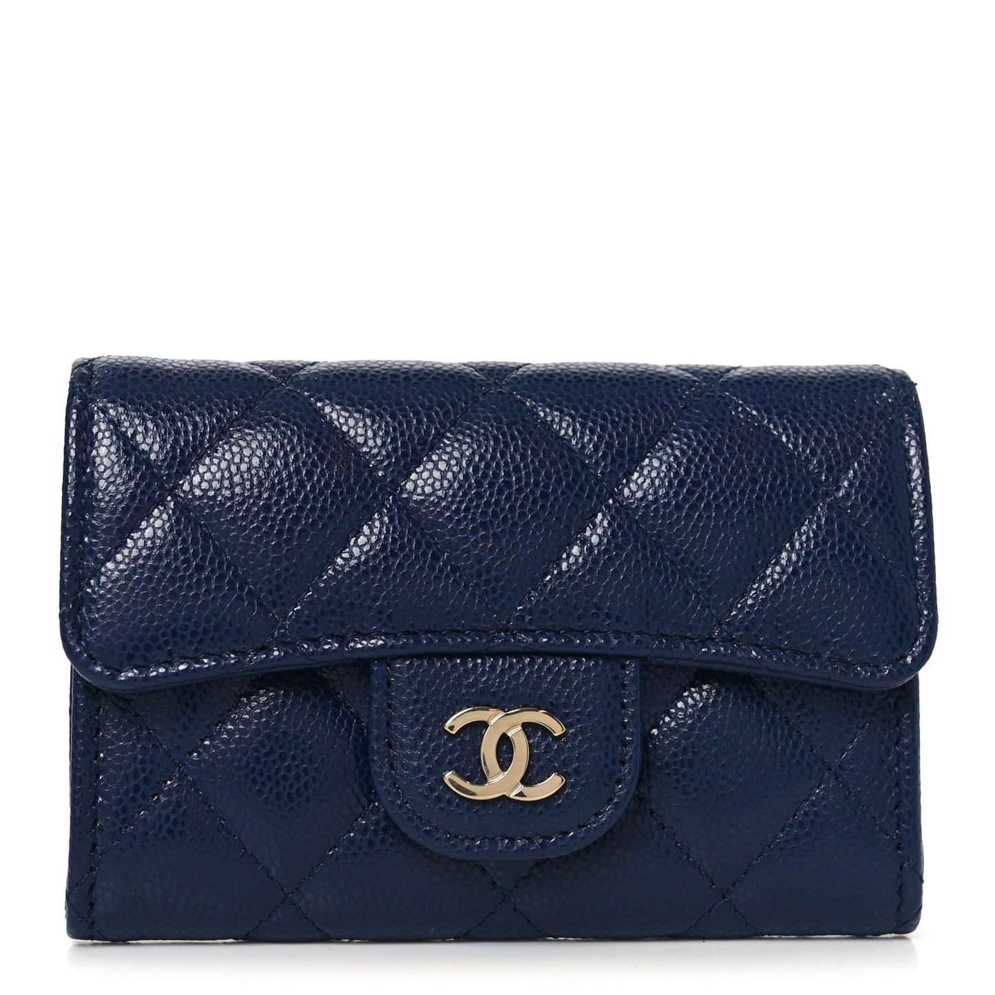 Caviar Quilted Flap Card Holder Wallet Navy Blue