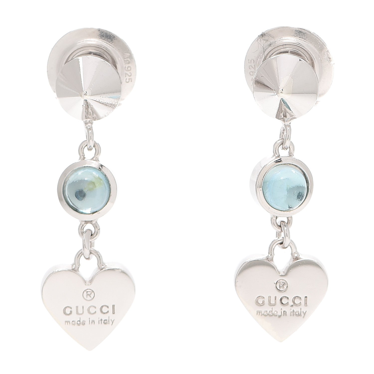 Gucci Sterling Silver Trademark Blue Topaz Heart Drop Earrings 1 of 7