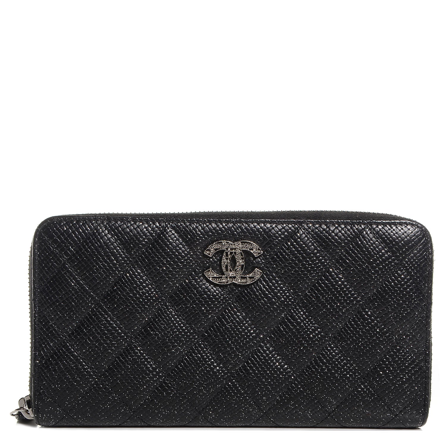 Chanel Glittered Calfskin Quilted Large Gusset Zip Wallet Black 1 of 8