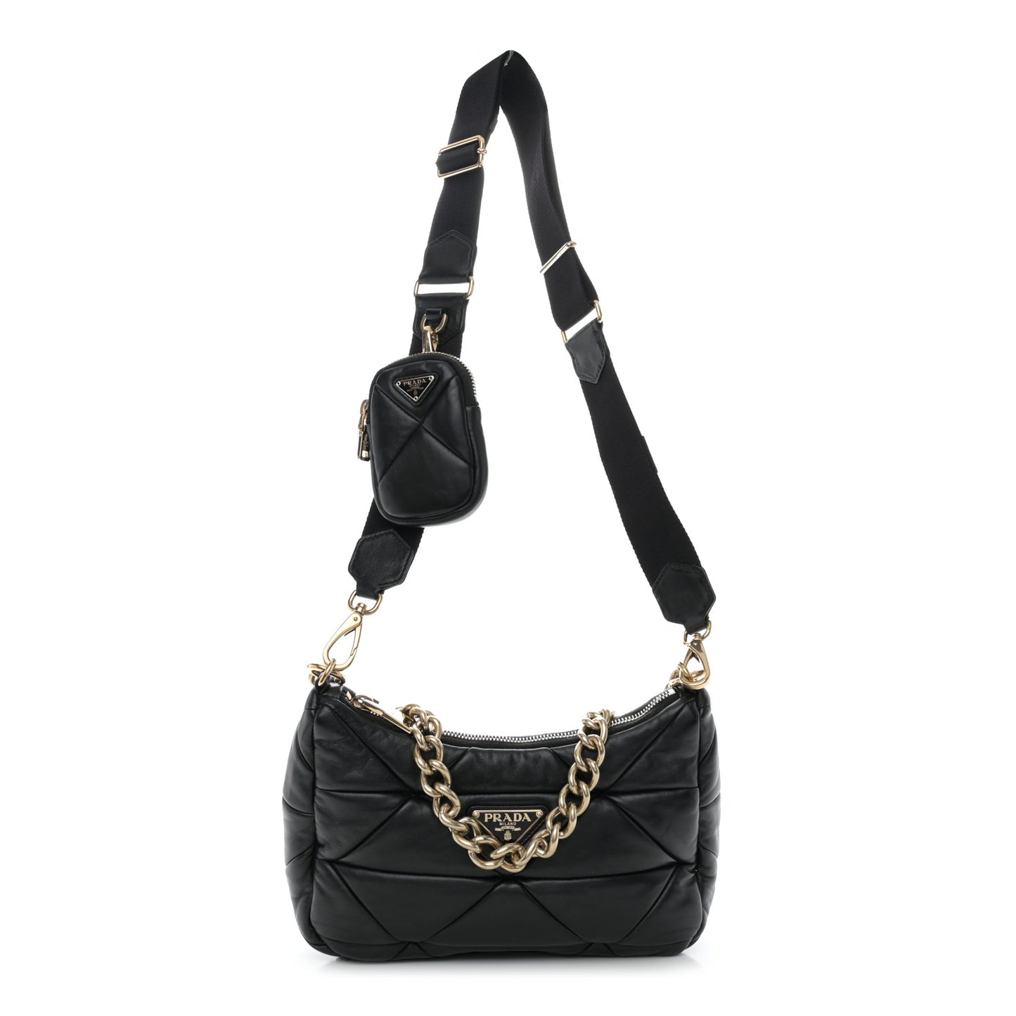 Nappa Re-Nylon Triangle Quilted Patchwork System Shoulder Bag Black