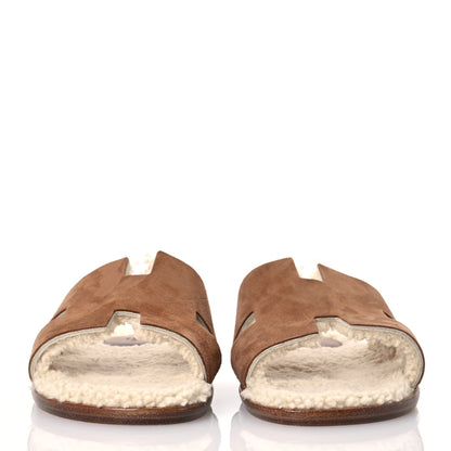 Hermes Suede Goatskin Shearling Mens Izmir Sandals 43 Marron Teck Ecru 2 of 9