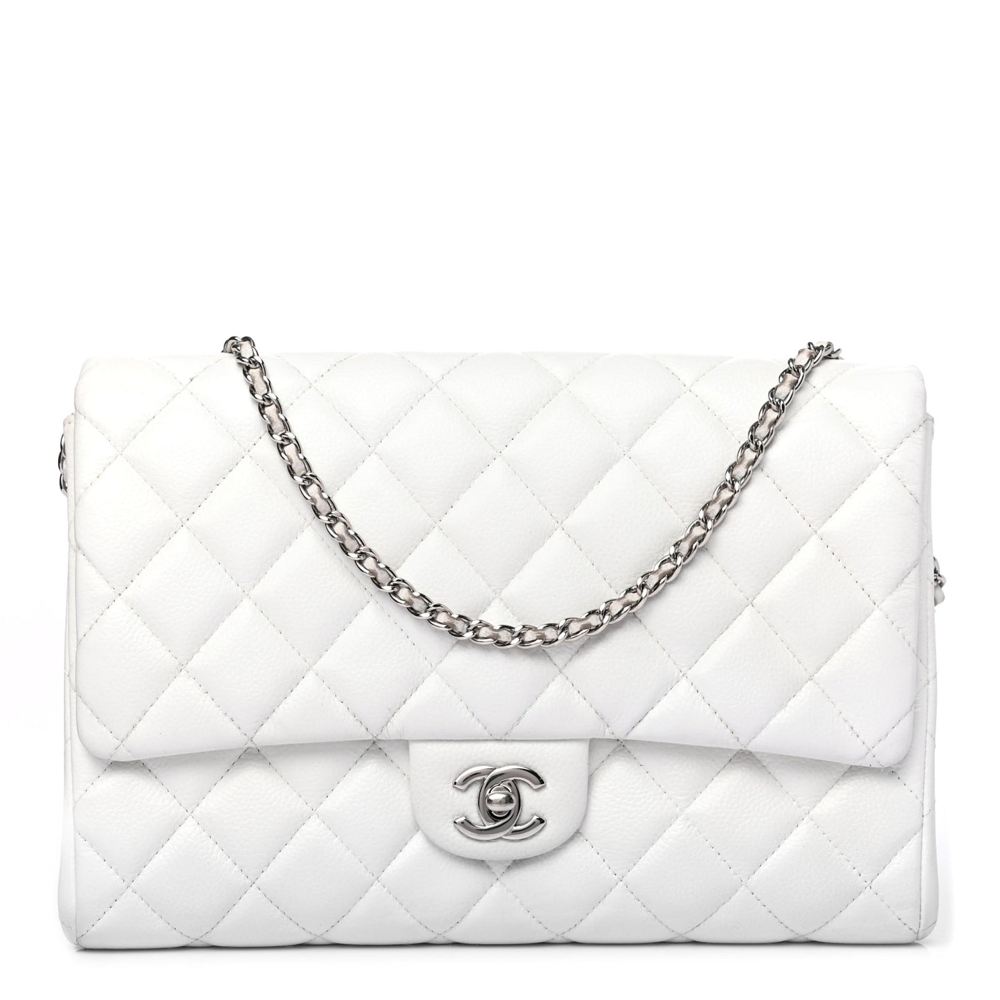 Caviar Quilted Clutch With Chain Flap White