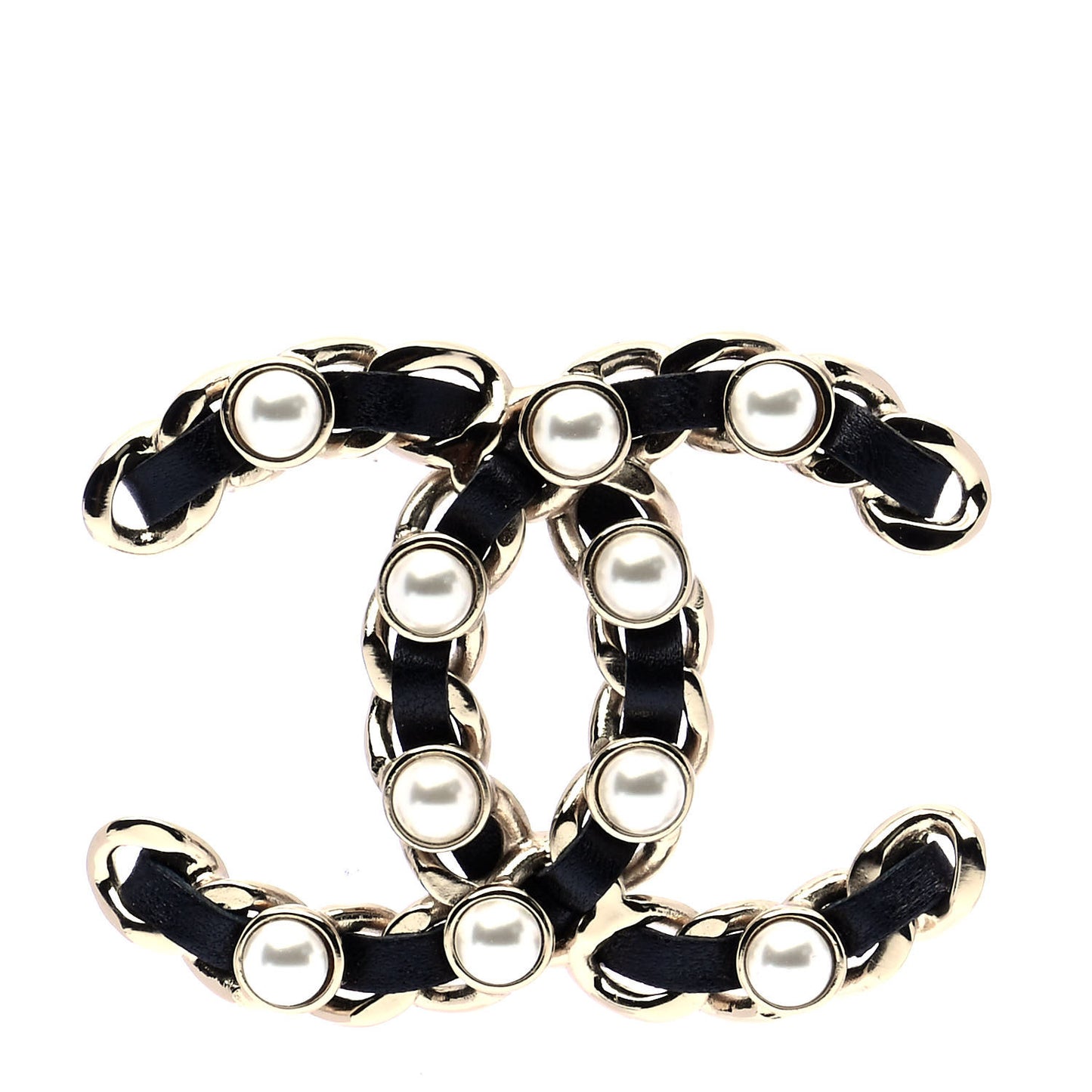 Lambskin Pearl CC Chain Brooch Black Gold