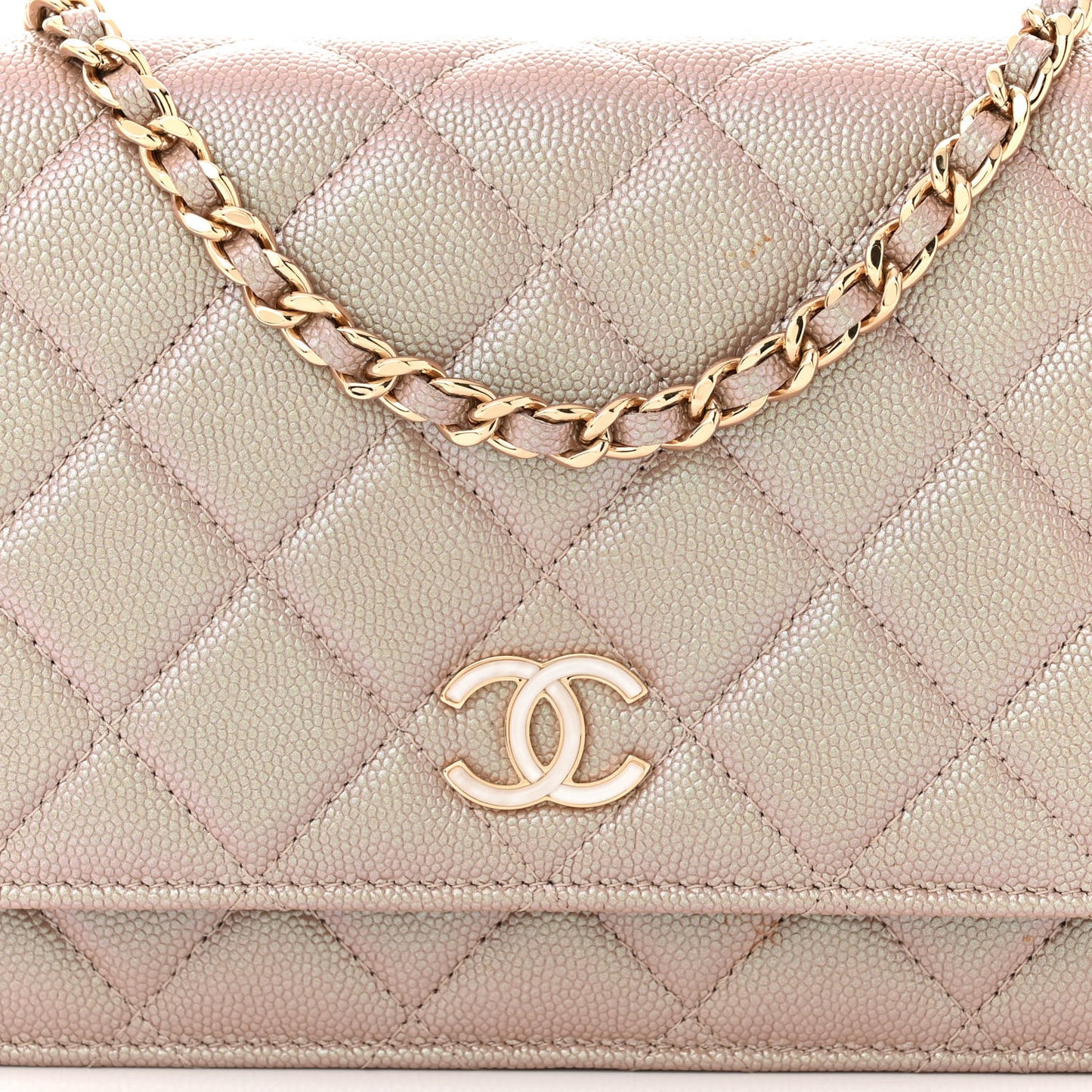 Iridescent Caviar Quilted Wallet on Chain WOC Beige
