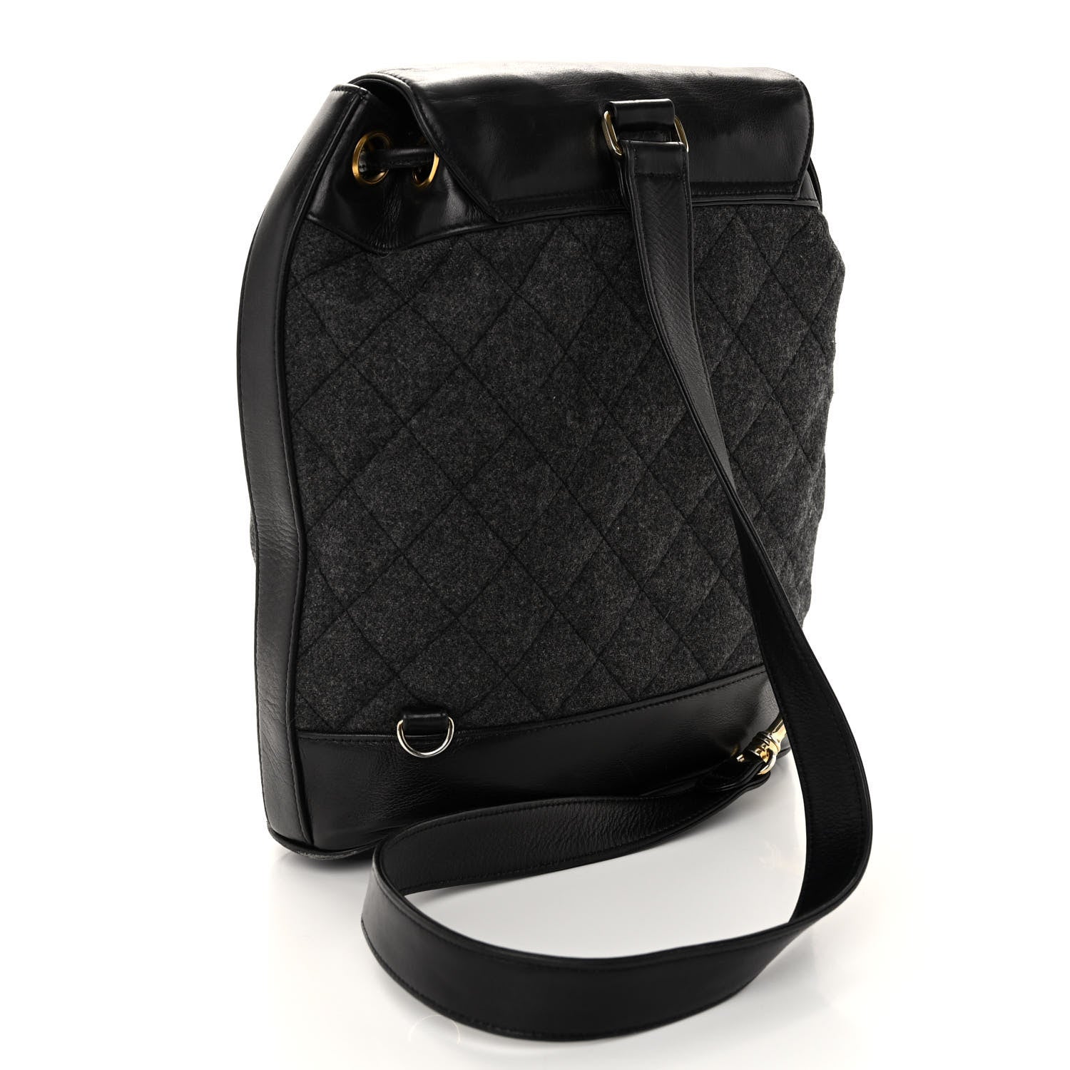 Chanel Lambskin Wool Quilted Drawstring Sling Backpack Black Grey 4 of 10