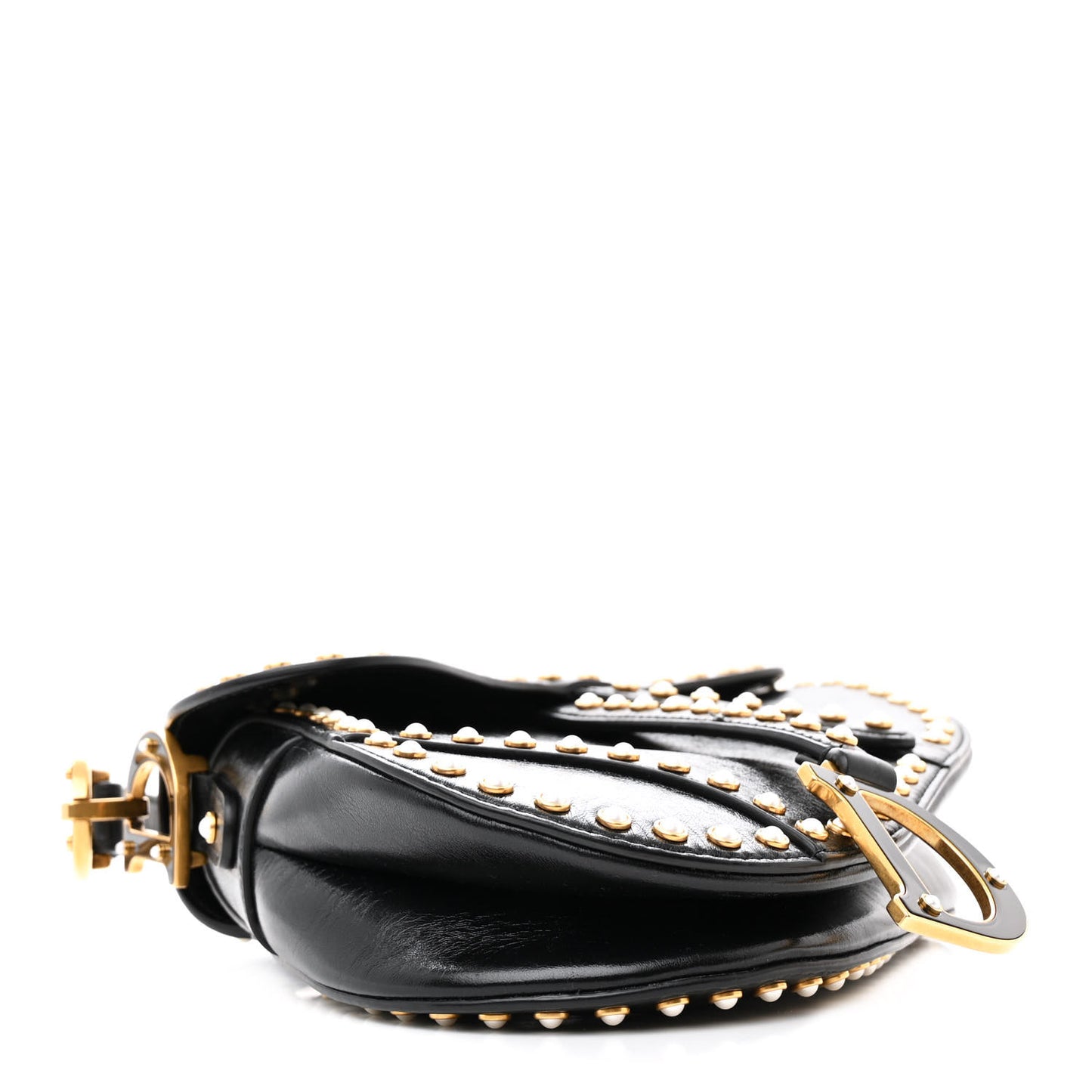 Crinkled Patent Lambskin Studded Saddle Bag With Strap Black