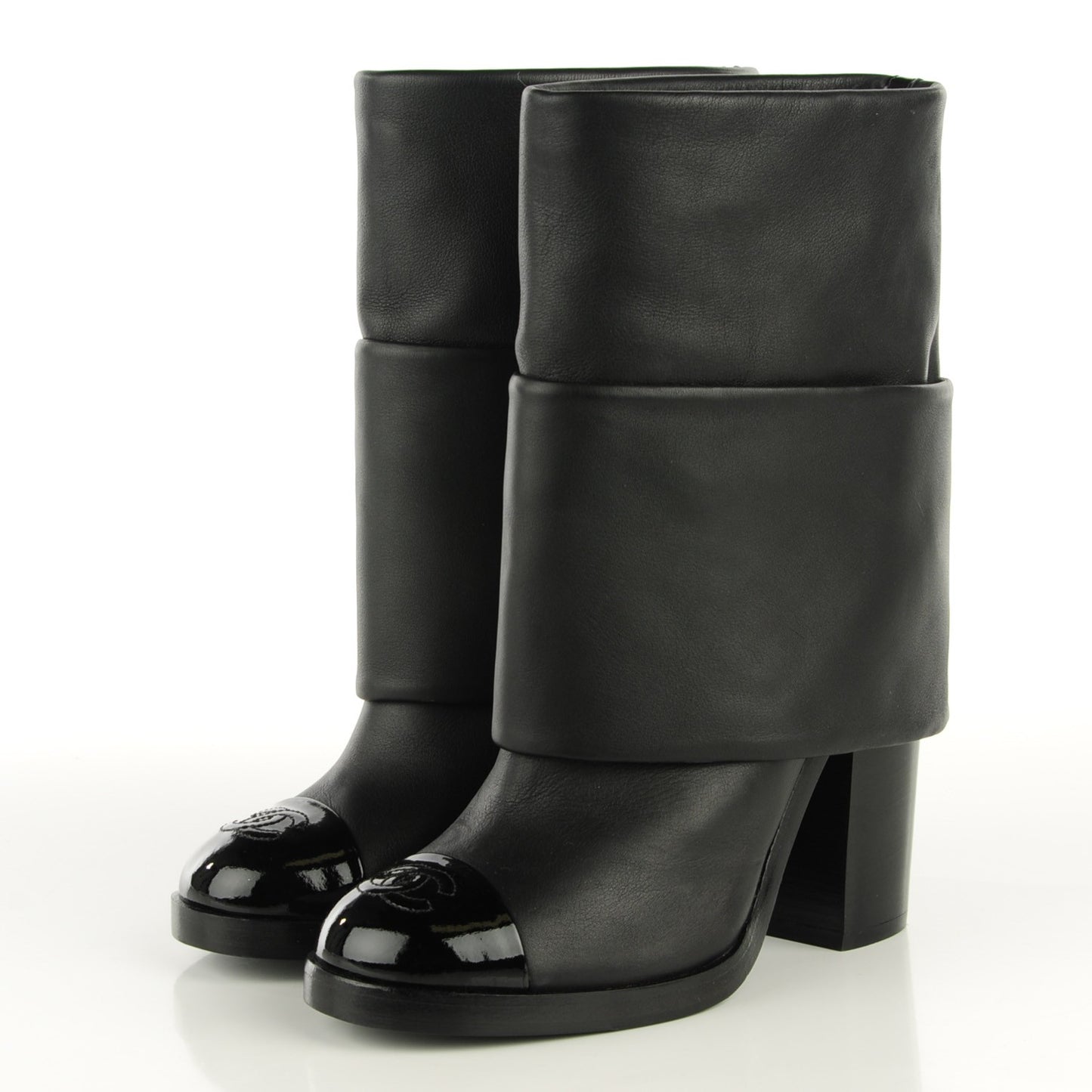 Calfskin CC Cap Toe Fold Over Boots 36 Black