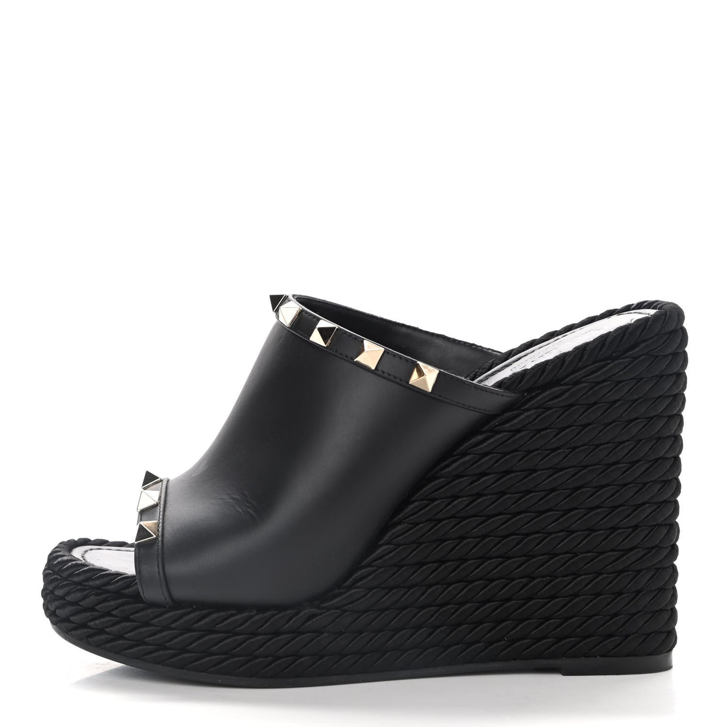 Calfskin Silk Rockstud Torchon Espadrille Wedge 25/115mm Slide Sandals 37 Black