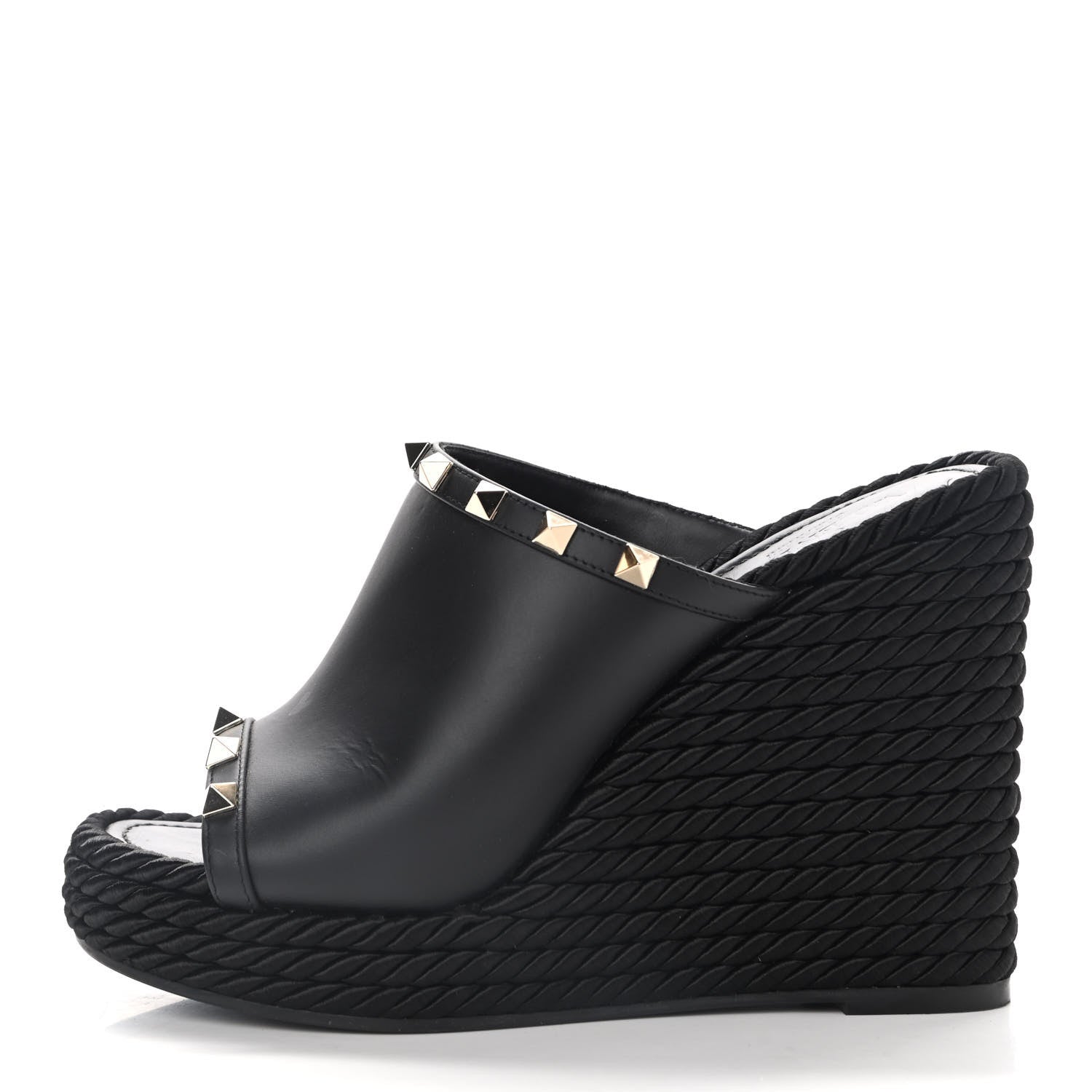 Valentino Garavani Calfskin Silk Rockstud Torchon Espadrille Wedge 25/115mm Slide Sandals 37 Black 1 of 9
