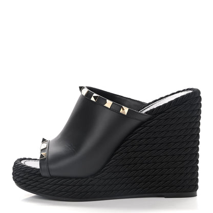 Valentino Garavani Calfskin Silk Rockstud Torchon Espadrille Wedge 25/115mm Slide Sandals 37 Black 1 of 9