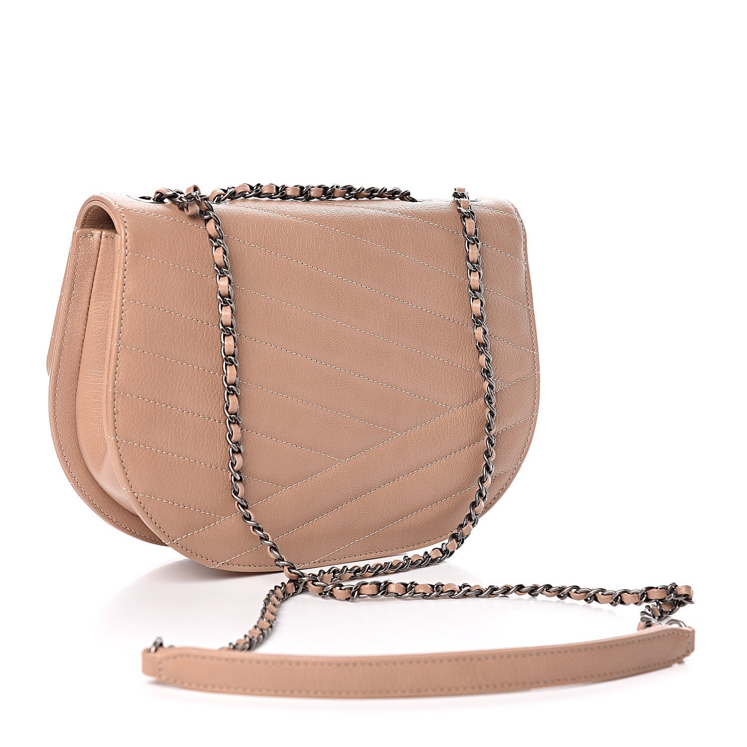 Chanel Shiny Goatskin Chevron Quilted Round Gabrielle Flap Beige 3 of 11