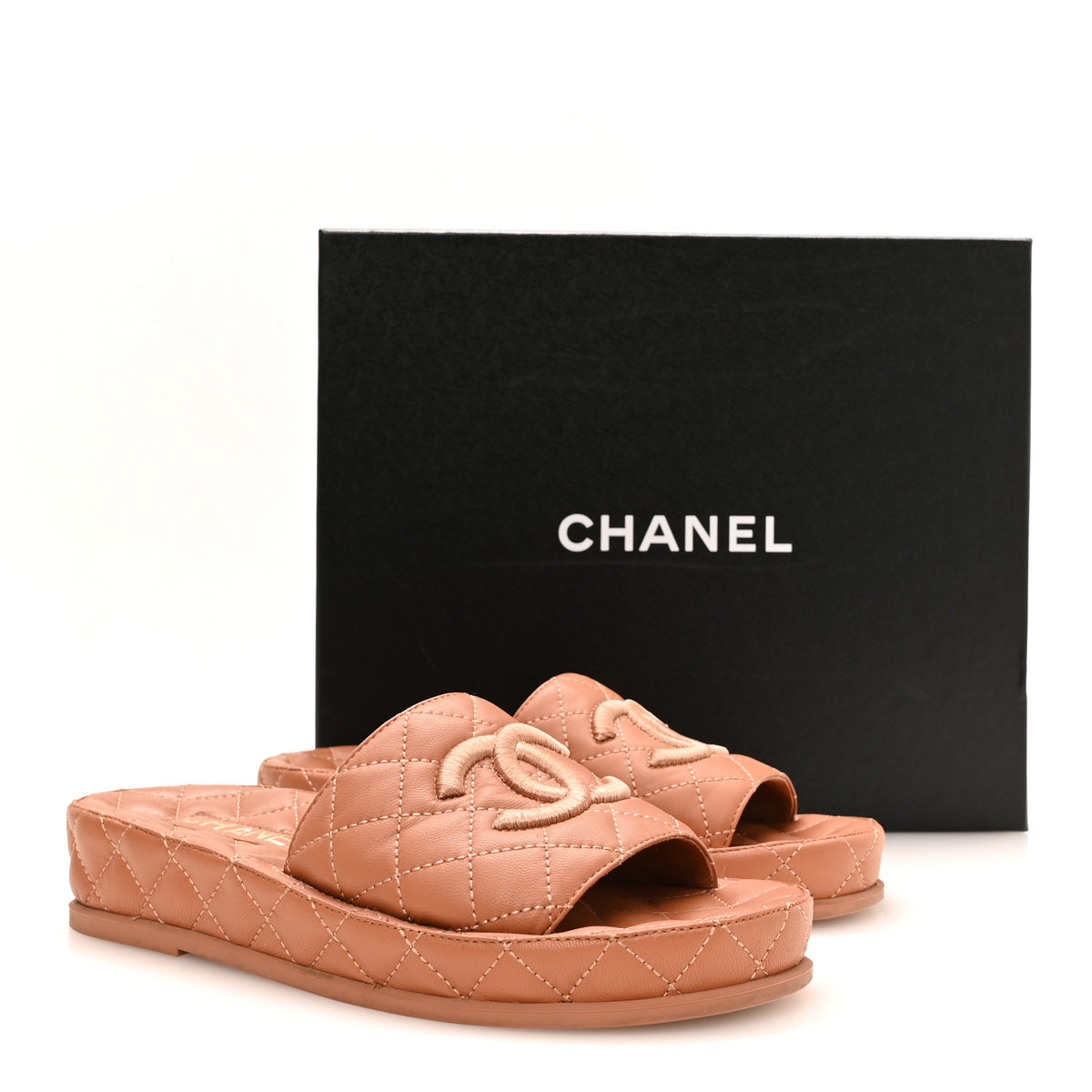 Lambskin Quilted CC Mules Sandals 37 Brown