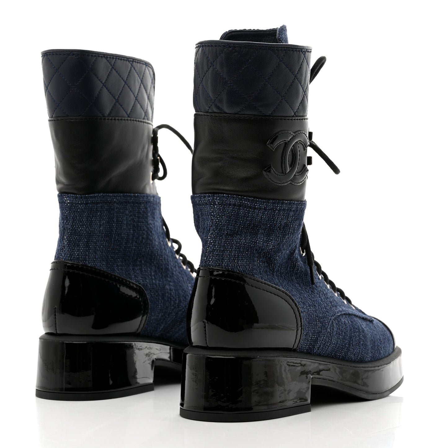 Denim Patent Lambskin Quilted CC Lace Up Combat Boots 36 Navy Blue Black