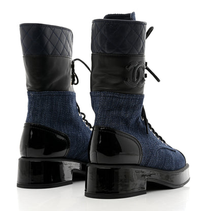 Chanel Denim Patent Lambskin Quilted CC Lace Up Combat Boots 36 Navy Blue Black 4 of 9