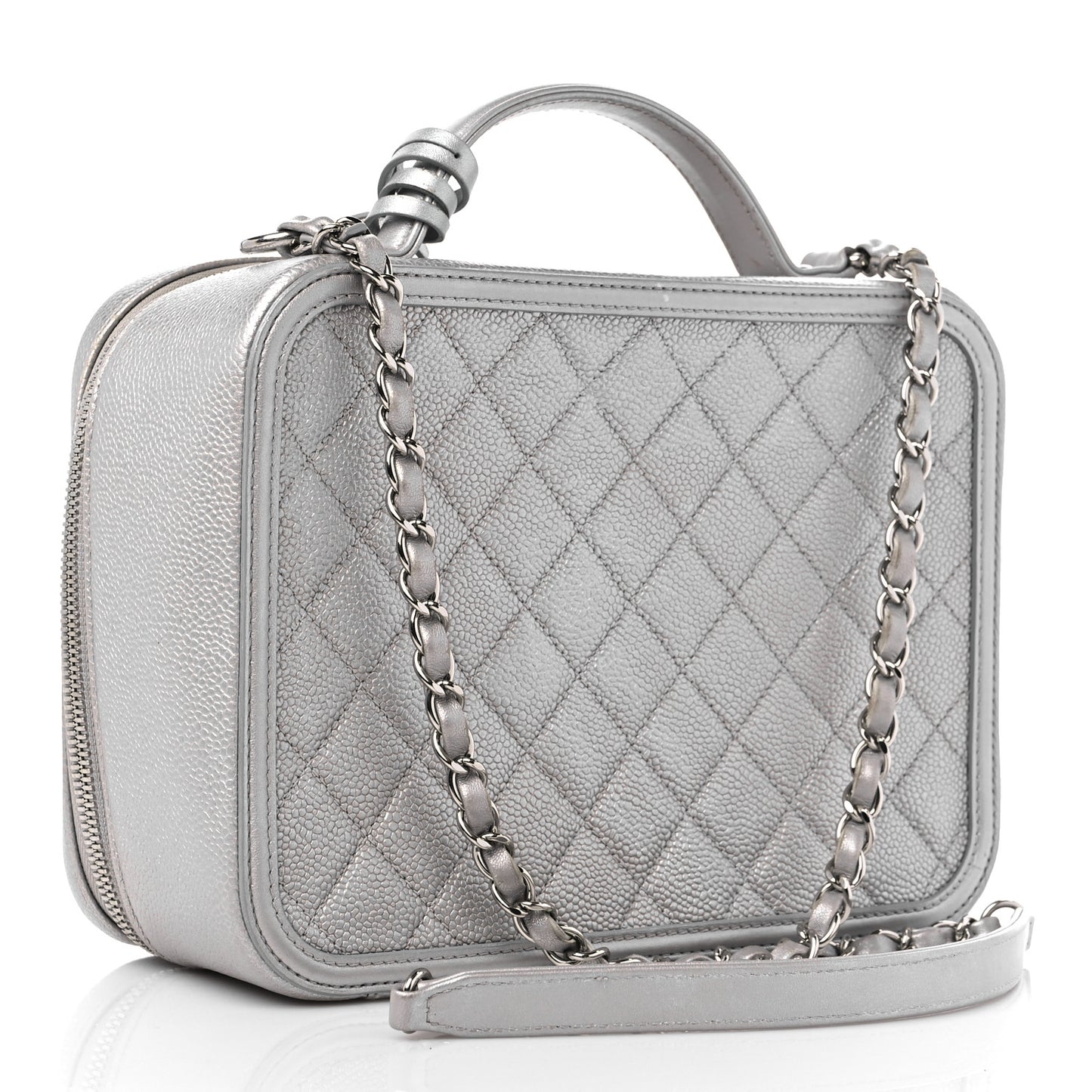 Metallic Caviar Quilted Large CC Filigree Vanity Case Silver