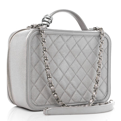 Chanel Metallic Caviar Quilted Large CC Filigree Vanity Case Silver 3 of 13