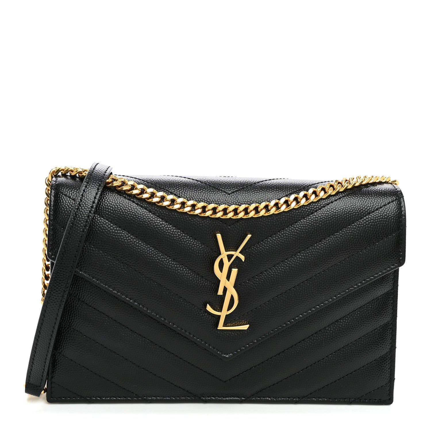 Saint Laurent Grain De Poudre Matelasse Chevron Monogram Envelope Chain Wallet Black 1 of 9