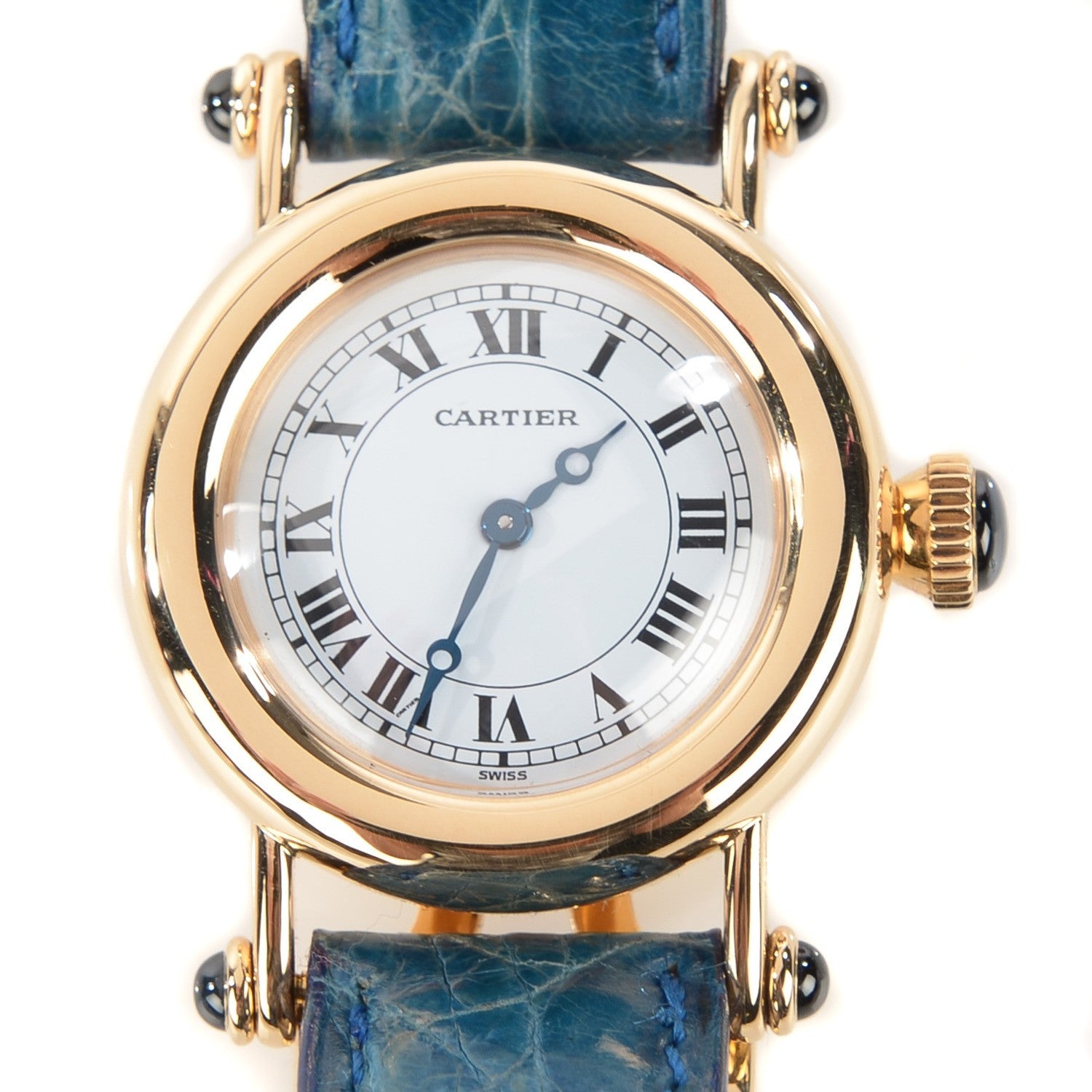 Cartier 18K Yellow Gold Alligator 28mm Diabolo Quartz Watch Blue 1 of 10