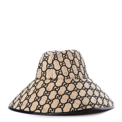 Gucci Raffia Elaphe GG Monogram Embroidered Wide Brim Hat Ivory Black 1 of 8