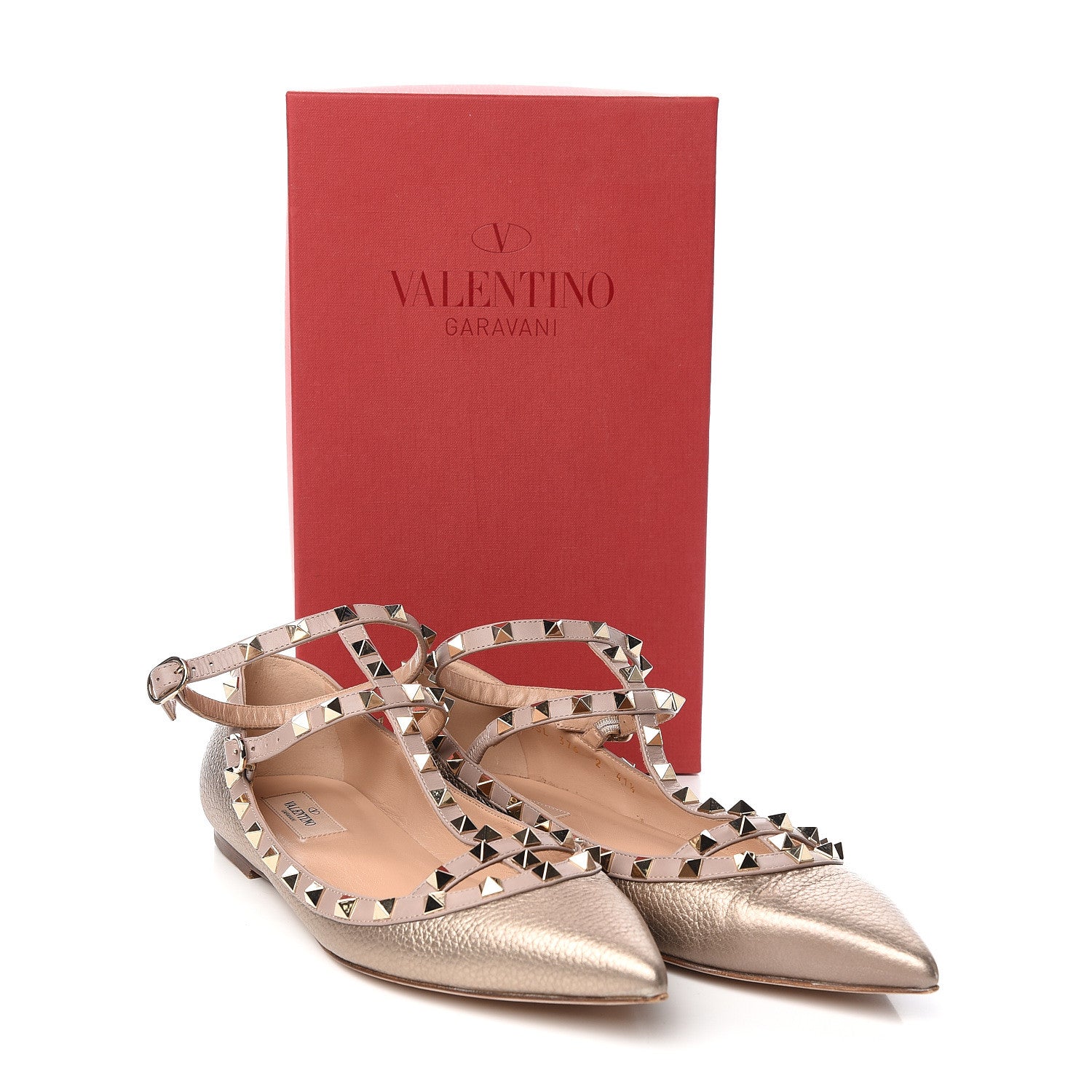 Valentino Garavani Metallic Pebbled Calfskin Rockstud Cage Ballerina Flats 41.5 Sasso Poudre 9 of 9