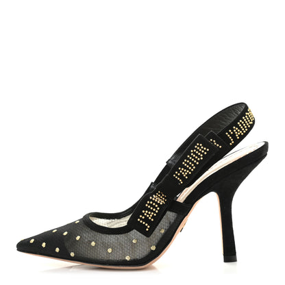 Christian Dior Mesh Plumetis Suede Dotted Studded J'Adoir Slingback 100mm Pumps 36.5 Black Gold 1 of 8