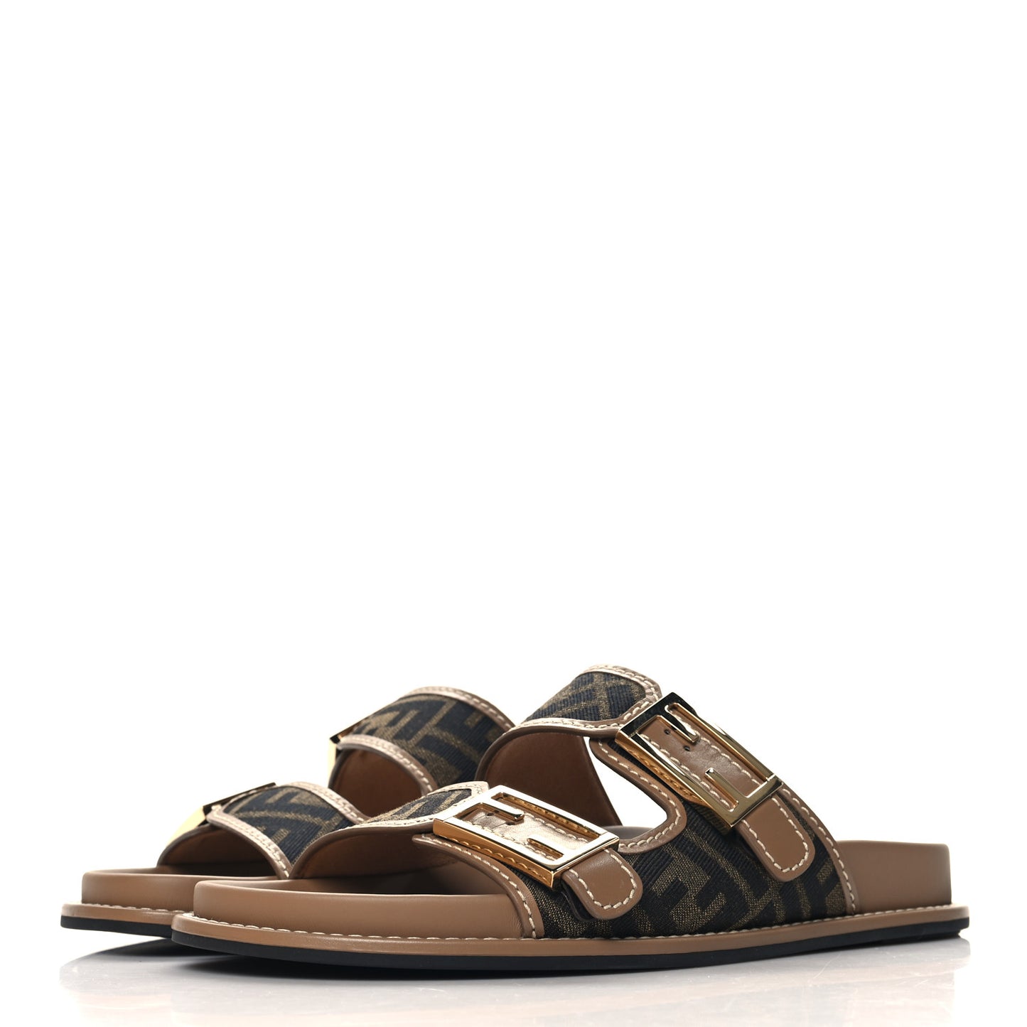 Fabric Jacquard Nappa FF Womens Fendi Feel Buckled Slide Sandals 40 Tobacco Black Miele Scuro